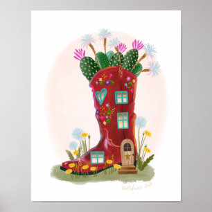 Red Cowboy Boot und Cactus House Art Print Poster