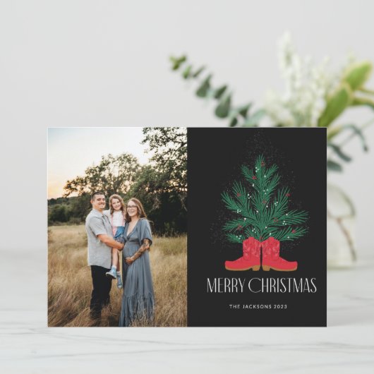Red Cowboy Boots und Spruce Frohe Weihnachten (Stehend Vorderseite)