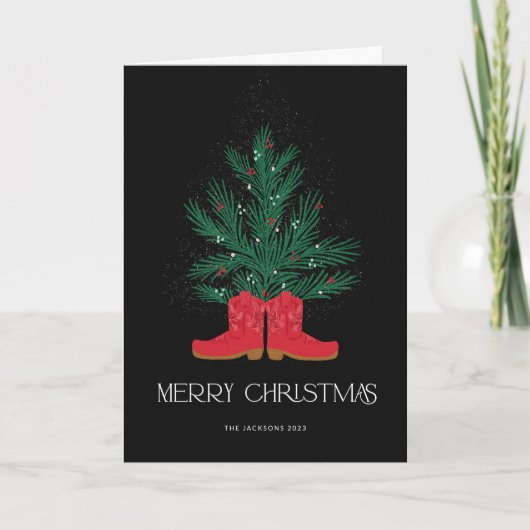Red Cowboy Boots und Spruce Frohe Weihnachten Karte (Vorderseite)