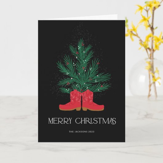 Red Cowboy Boots und Spruce Frohe Weihnachten Karte (Gelbe Blume)