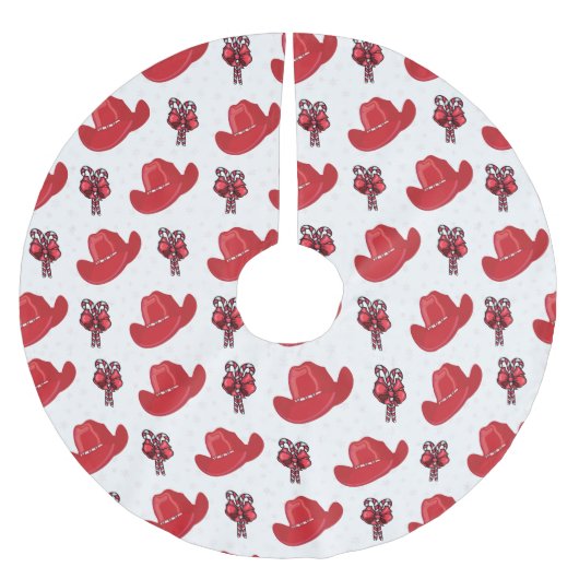 Red Cowboy Hats und Candy Canes Polyester Weihnachtsbaumdecke (Vorderseite)