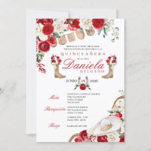 Red Cowgirl Boots & Ropes Mariachi Quinceañera Einladung