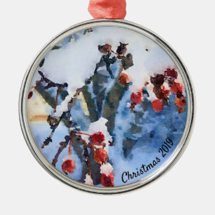 Red Crab Apple Berries in Snow Watercolor Ornament Aus Metall