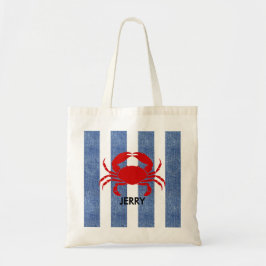 Red Crab auf Blue Denim Stripes Tragetasche