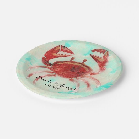 Red Crab Elegant Beach Party Verlobung Custom Pappteller (Schrägansicht)