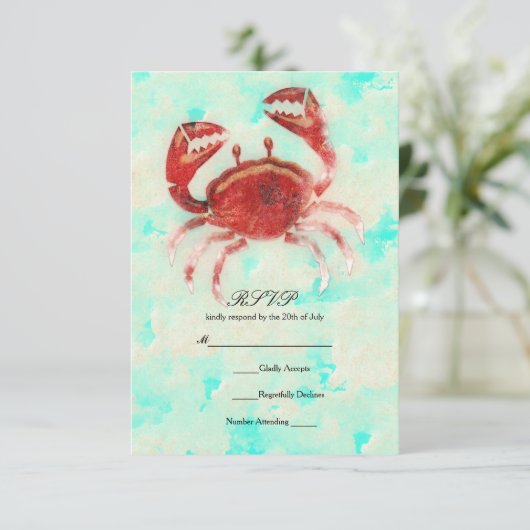 Red Crab Elegant Beach Verlobung Wedding RSVP Einladung (Stehend Vorderseite)