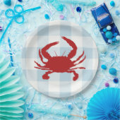 Red Crab Malerei Nautical Blue Gingham Coastal Pappteller (Party)