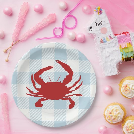 Red Crab Malerei Nautical Blue Gingham Coastal Pappteller (Party)
