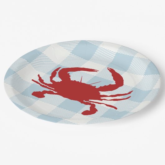 Red Crab Malerei Nautical Blue Gingham Coastal Pappteller (Schrägansicht)