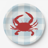 Red Crab Malerei Nautical Blue Gingham Coastal Pappteller (Vorderseite)