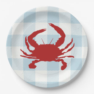 Red Crab Malerei Nautical Blue Gingham Coastal Pappteller