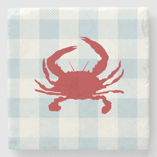 Red Crab Nautical Gingham Karo Steinuntersetzer (Vorderseite)