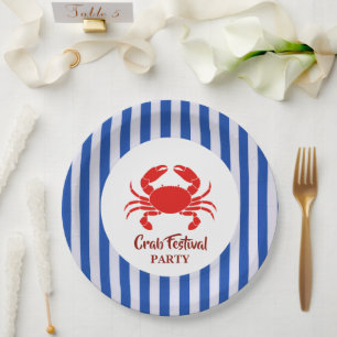 Red Crab Seafood Nautical Blue Stripes Party Pappteller