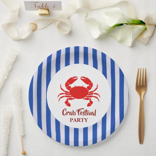Red Crab Seafood Nautical Blue Stripes Party Pappteller (Hochzeit)