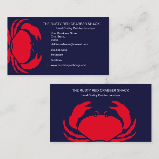 Red Crab Seafood Navy Blue White Simple Nautic B Visitenkarte (Vorne/Hinten)