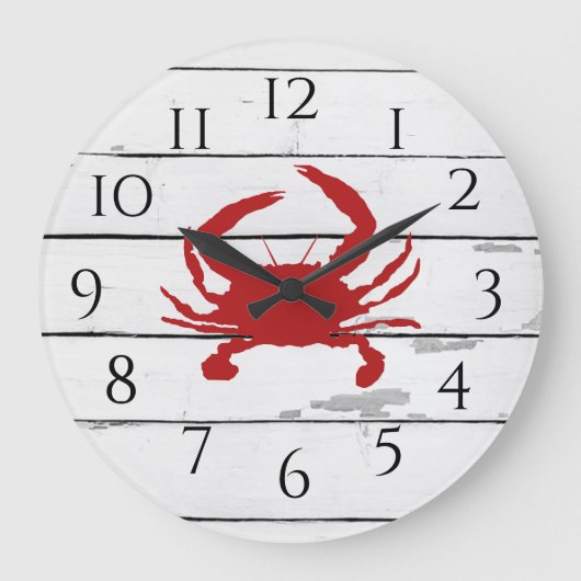 Red Crab Ship Beach Rustikales Gemälde Große Wanduhr (Vorderseite)