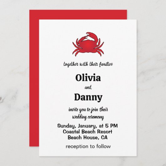 Red Crab Summer Coastal Beach Wedding Einladung (Vorne/Hinten)