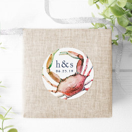 Red Crab Wedding Monogram Runder Aufkleber
