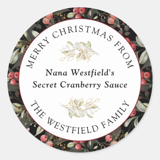 Red Cranberries Weihnachtsgrün Lebensmittelgeschen Runder Aufkleber (Vorderseite)