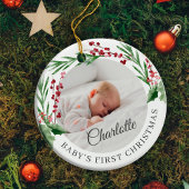 Red Cranberry Foliage Baby's First Christmas Foto Keramik Ornament