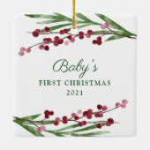 Red Cranberry Foliage Baby's First Christmas Foto Keramikornament (Rückseite)