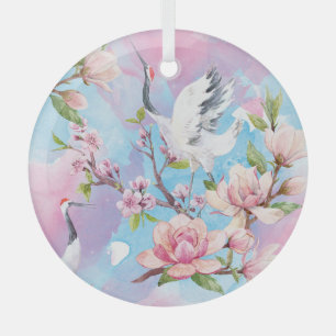 Red Crane Watercolor Japanische Motif Ornament Aus Glas