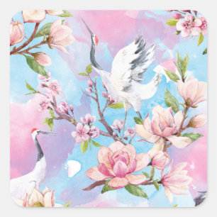 Red Crane Watercolor Japanische Motif Quadratischer Aufkleber