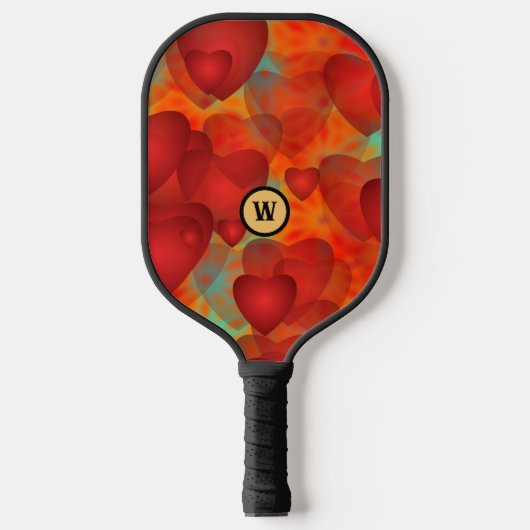 Red Crazy Herzen auf Türkis und Monogram Initial Pickleball Schläger (Vorderseite)