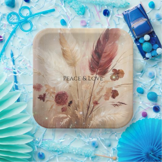 Red Cream Boho Feather Floral Pappteller (Party)