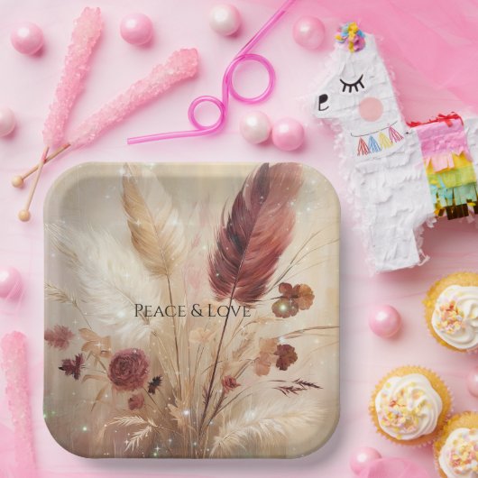 Red Cream Boho Feather Floral Pappteller (Party)