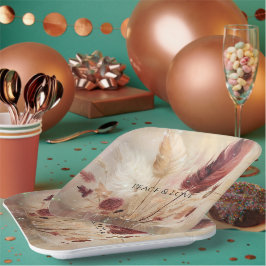 Red Cream Boho Feather Floral Pappteller