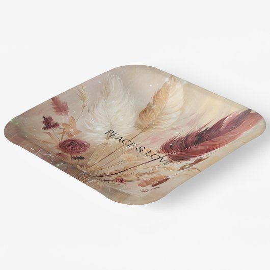 Red Cream Boho Feather Floral Pappteller (Gewinkelt)