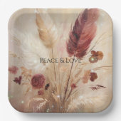 Red Cream Boho Feather Floral Pappteller (Vorderseite)