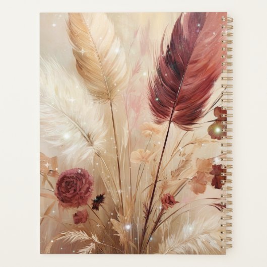Red Cream Boho Feather Floral Planer (Rückseite)