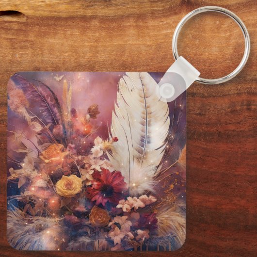 Red Cream Boho Feather Floral Schlüsselanhänger (Rückseite)
