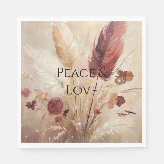 Red Cream Boho Feather Floral Serviette (Vorderseite)