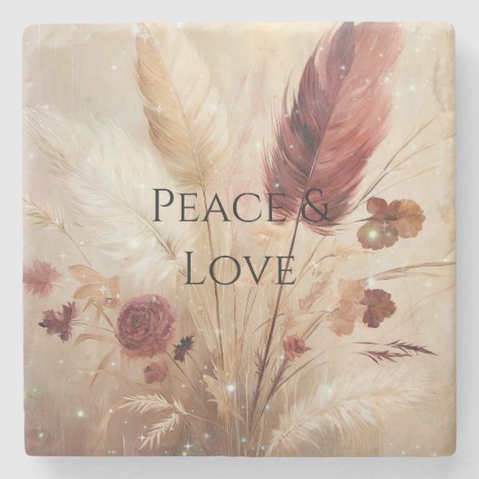 Red Cream Boho Feather Floral Steinuntersetzer (Vorderseite)