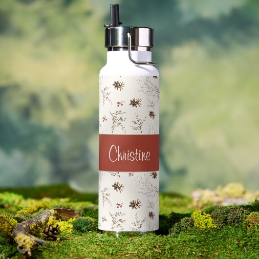 Red Cream Boho Watercolor Woodland Custom Name Trinkflasche ( Außenbereich (gedreht))