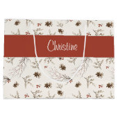 Red Cream Boho Woodland Winterberry Monogram Name Große Geschenktüte (Rückseite)