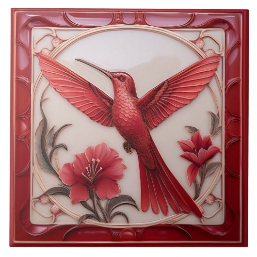 Red & cream faux relief Art Nouveau Hummingbird L Fliese (Vorderseite)