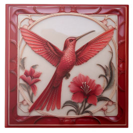 Red & cream faux relief Art Nouveau Hummingbird R Fliese
