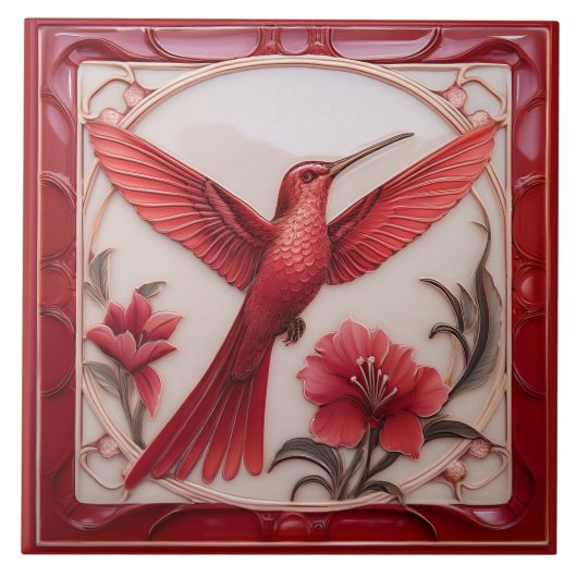 Red & cream faux relief Art Nouveau Hummingbird R Fliese (Vorderseite)