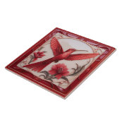 Red & cream faux relief Art Nouveau Hummingbird R Fliese (Seite)