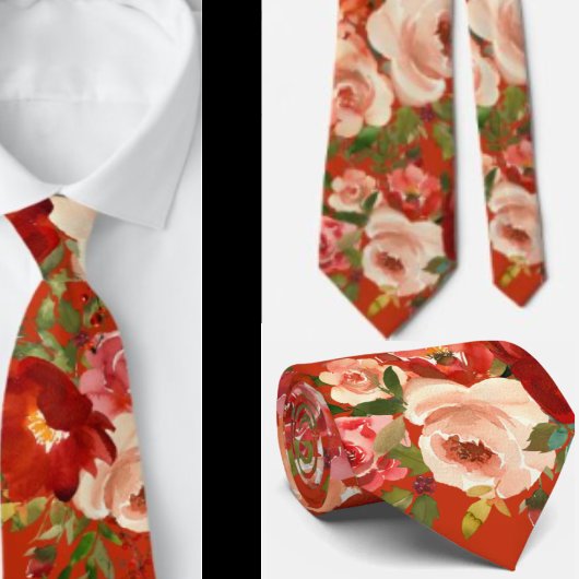 Red Cream Ivory Rose Floral Neck Tie Krawatte