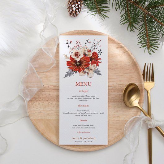 Red Cream Watercolor Florals Foliage Wedage Menu Menükarte