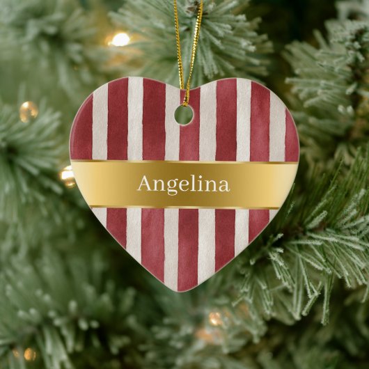Red Cream White Stripes Gold Ribbon Christmas Keramik Ornament (Baum)