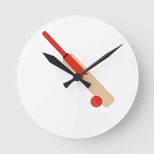 Red Cricket Bat and Ball Wall Clock Runde Wanduhr (Vorderseite)
