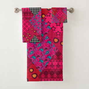 Red Crimson Colorful Patchwork Badhandtuch Set