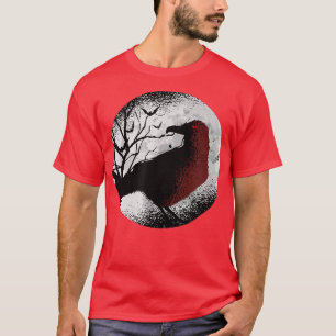 Red Crow Raven Bats Bird Full Moon  T-Shirt