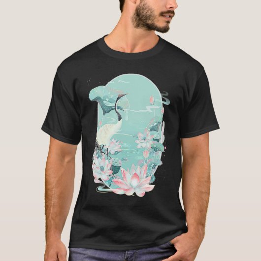 Red Crowned Crane Bird Water Lily Lotus Flower Chi T-Shirt (Vorderseite)